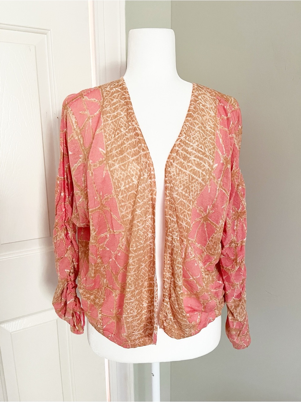 Nic & Zoe coral color linen blend bamboo print open cardigan
